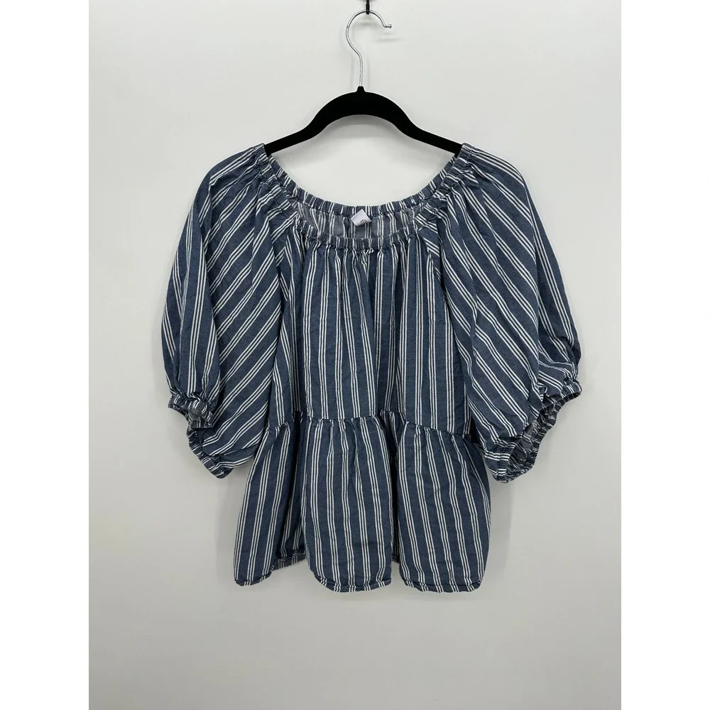 Old‎ Navy Blue Stripe Peasant Top XXL Cottagecore Puff Sleeve Babydoll